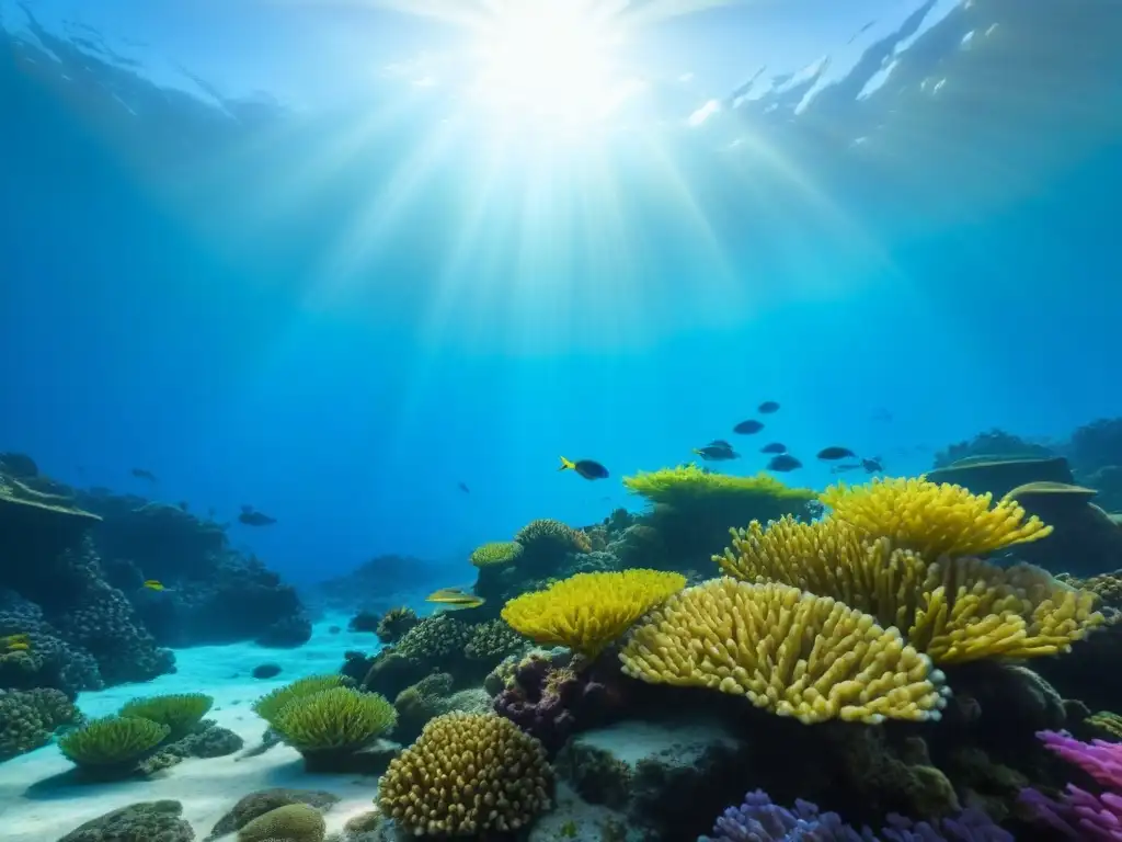 Arrecife de coral vibrante con peces coloridos y plantas marinas, bajo la luz azul