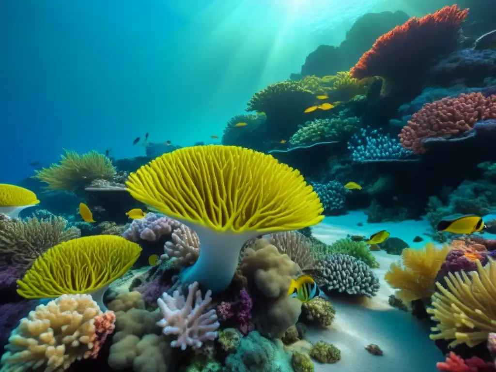 Un arrecife de coral vibrante con peces coloridos y vida marina, reflejando la belleza y diversidad de ecosistemas marinos