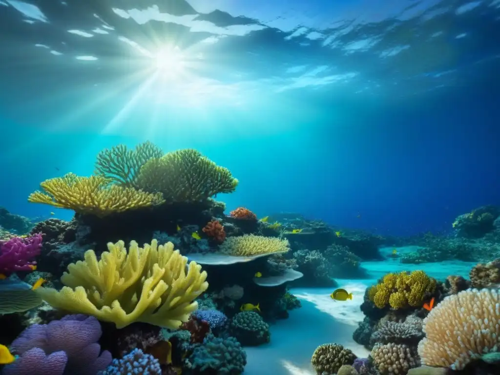 Un arrecife de coral vibrante con peces coloridos y aguas cristalinas reflejando la luz del sol