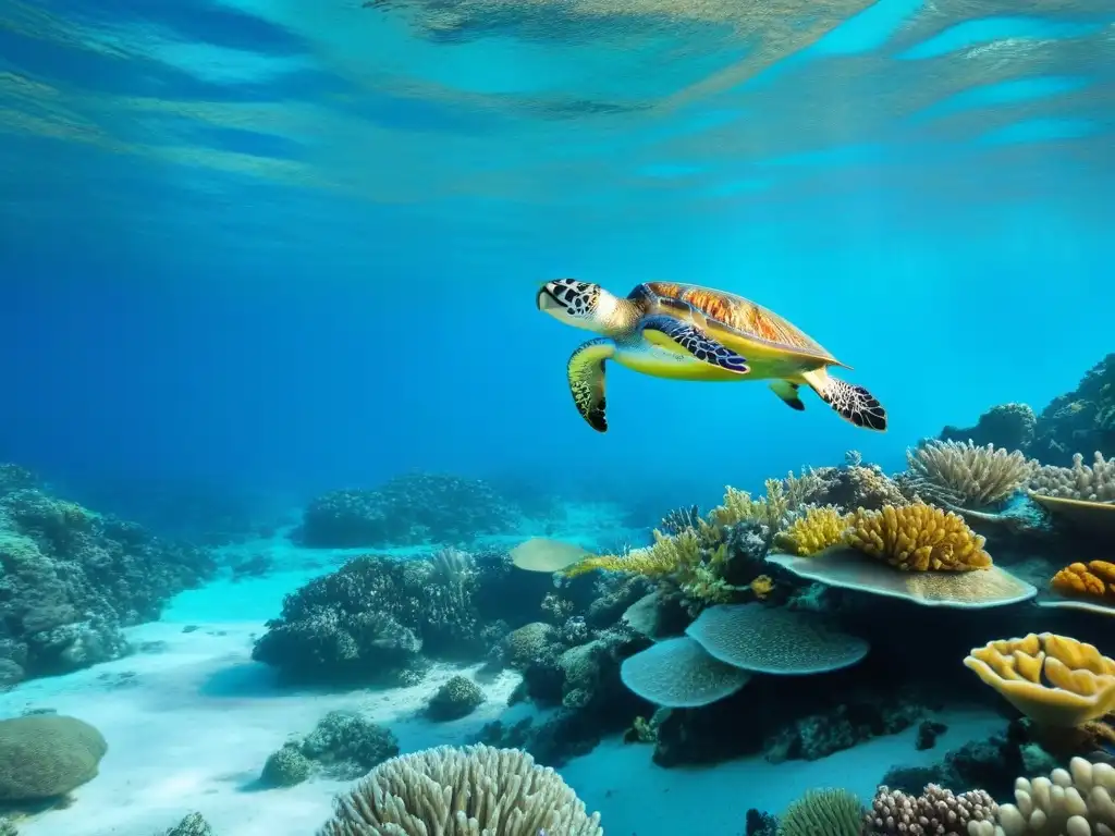 Un arrecife de coral vibrante con peces coloridos y tortugas marinas en un mar turquesa