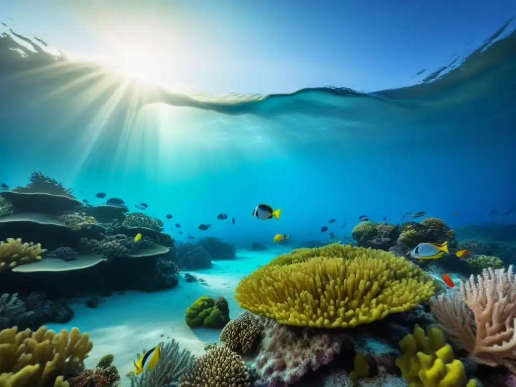 Un arrecife de coral vibrante con peces coloridos nadando en aguas claras