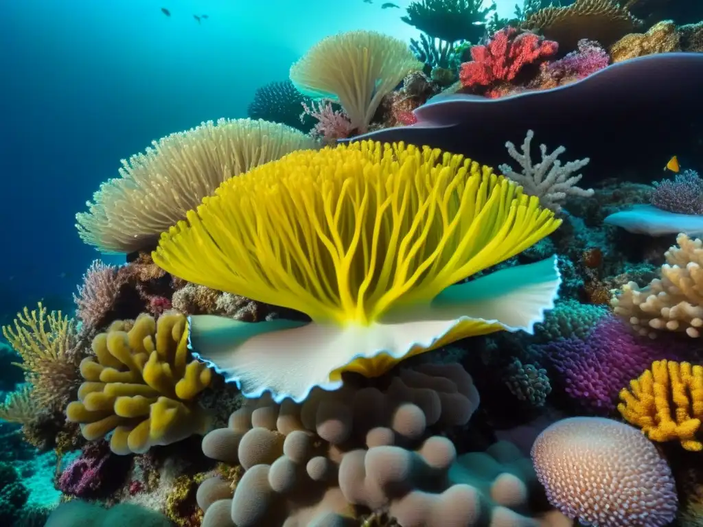 Un arrecife de coral vibrante muestra la vida marina en detalle, resaltando la importancia de la conservación marina oceánica