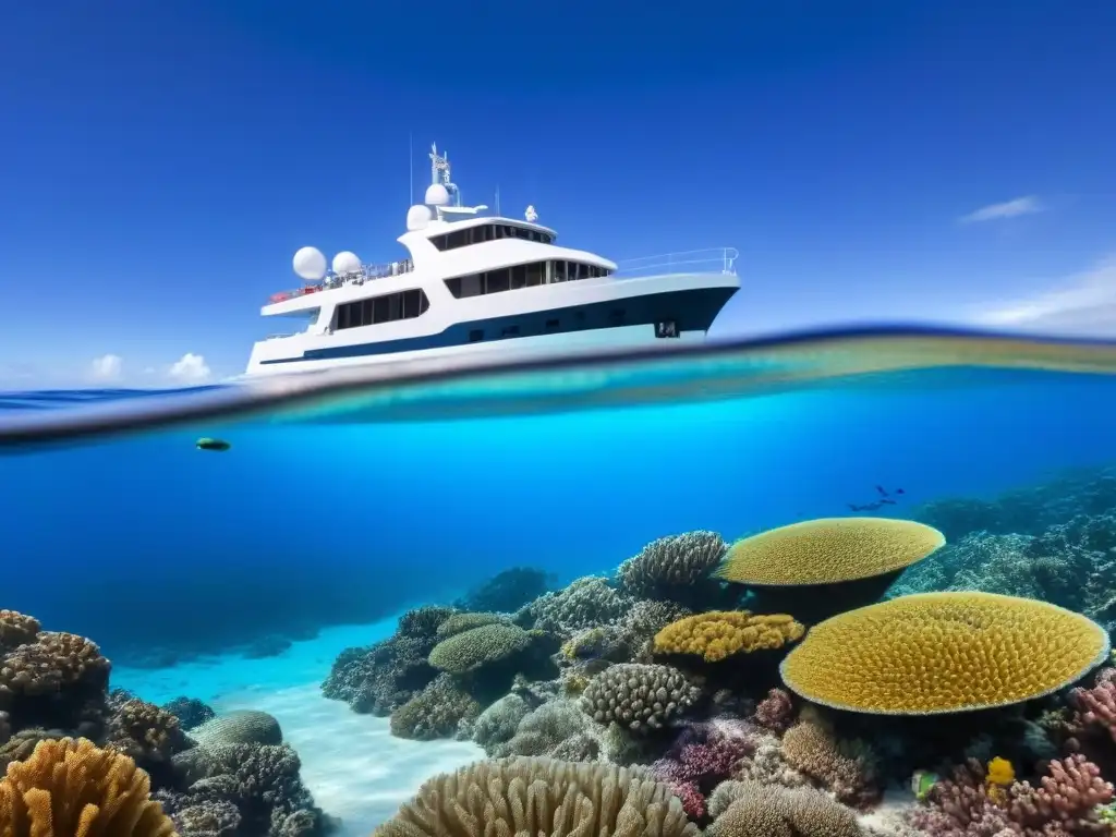 Investigación marina y conservación de arrecifes a bordo de un moderno barco, en un mar de tranquilidad y belleza coralina