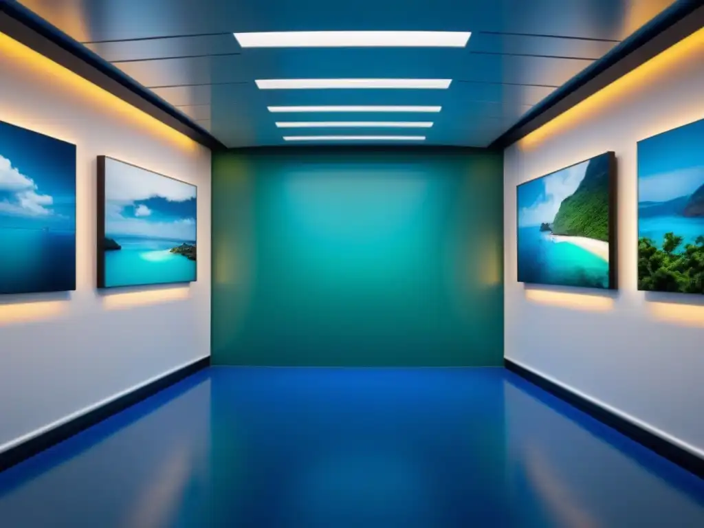 Arte en cruceros de lujo: Galería minimalista con escultura moderna y obra abstracta en azules y verdes vibrantes