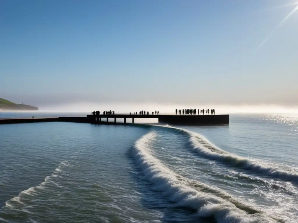 Arte interactivo en instalaciones marítimas: esculturas metálicas reflejan la calma del mar con visitantes añadiendo vida al entorno futurista