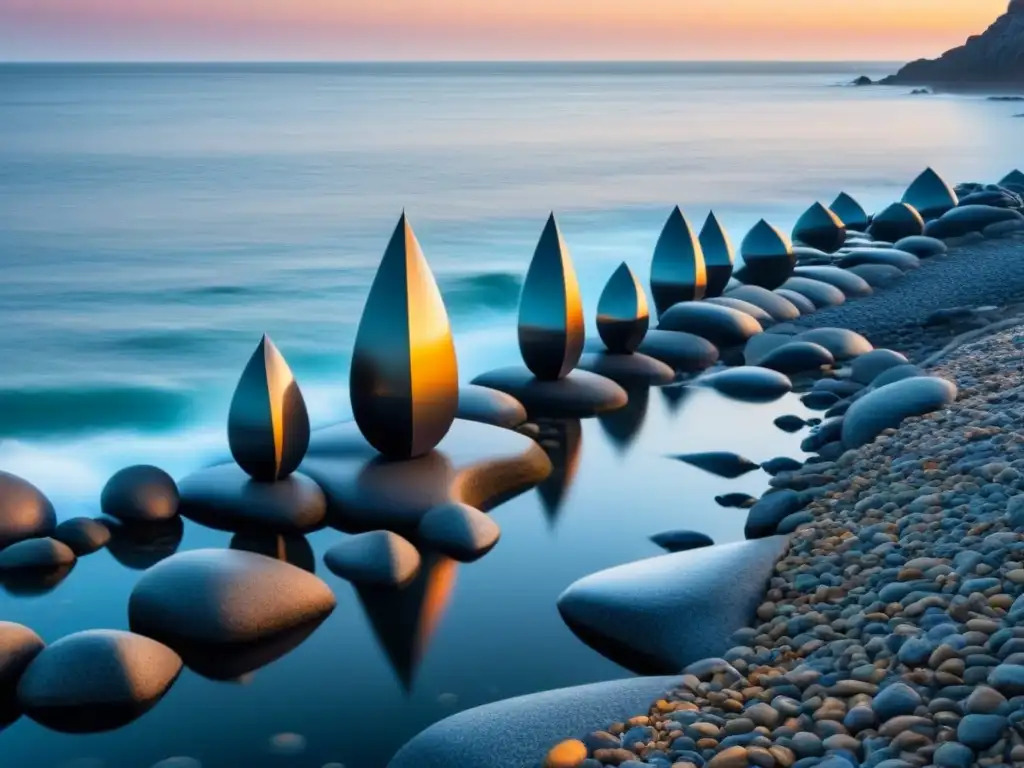 Arte interactivo en instalaciones marítimas: esculturas metálicas reflectantes en la costa rocosa junto al mar