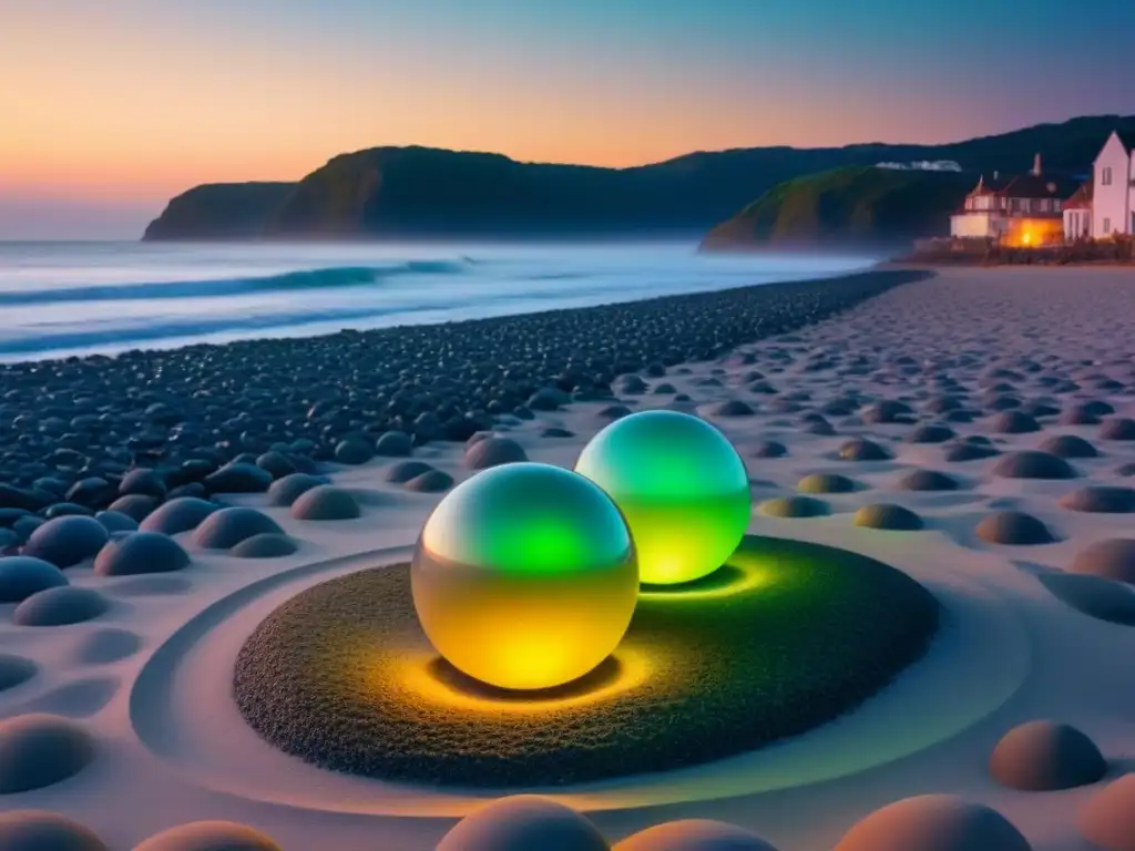 Arte interactivo en instalaciones marítimas: orbes brillantes iluminan la playa rocosa al atardecer, creando una atmósfera mágica