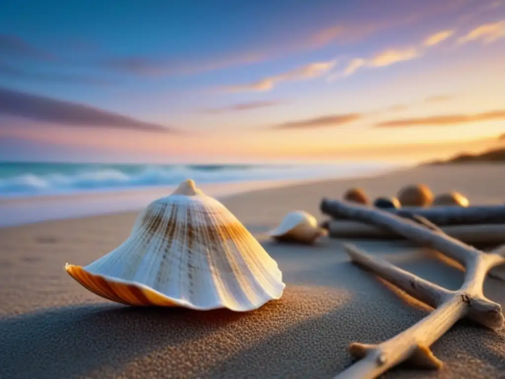 Artesanías del mar en comunidades costeras: playa al atardecer con conchas y madera a la orilla, escena serena