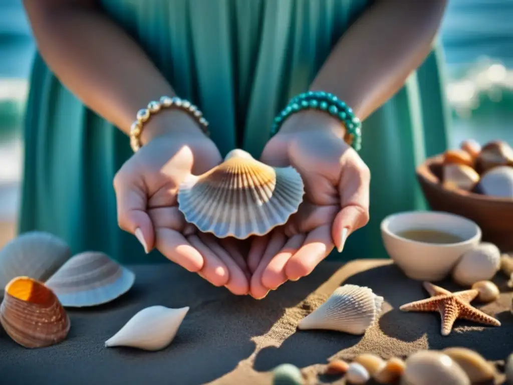 Artesanías del mar en comunidades costeras: Artesanos crean joyas y cerámica junto al mar, iluminados por la suave luz matutina