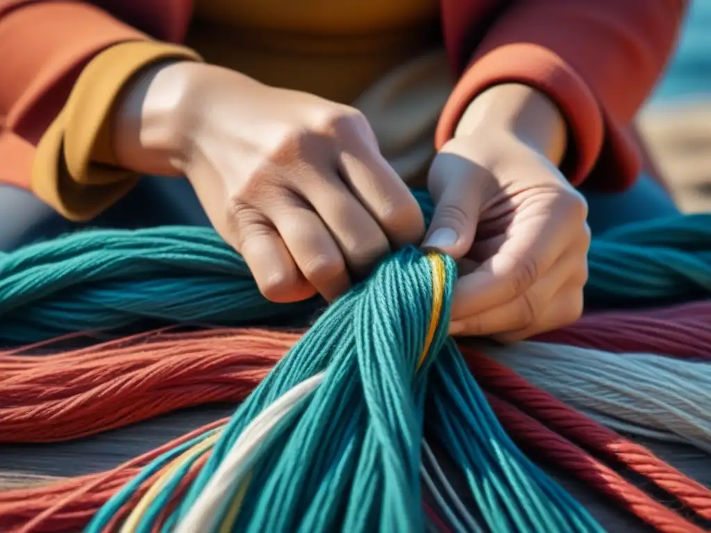 Un artesano de una comunidad costera teje con destreza un tapiz marítimo, preservando tradiciones artesanales