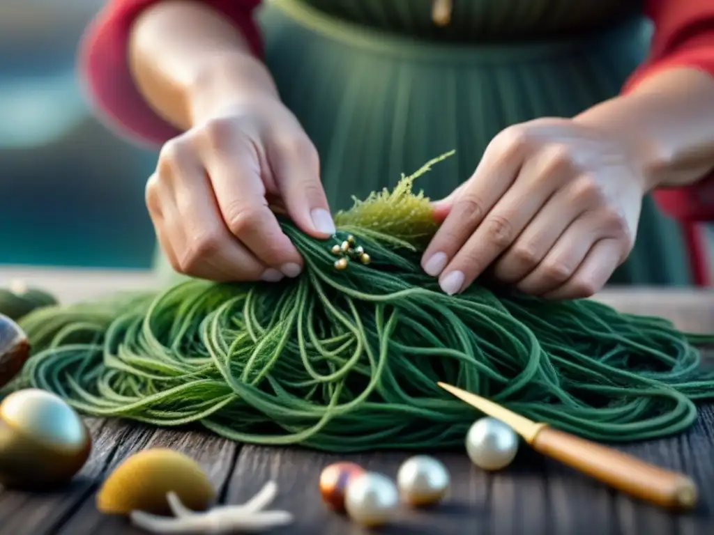 Un artesano costero teje con destreza joyas del mar con algas, conchas y perlas - Artesanías del mar en comunidades costeras