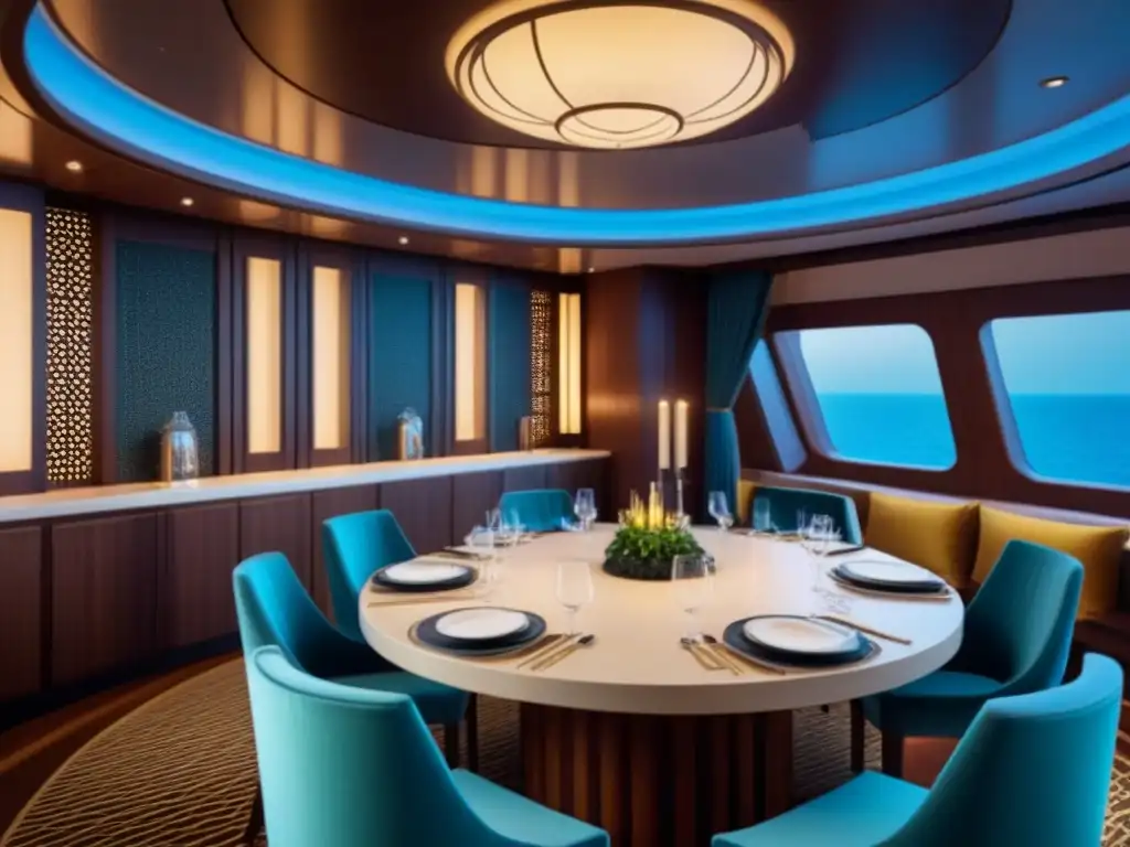 Gastronomía asiática en cruceros de lujo: lujoso comedor asiático en un barco, con diseño minimalista y elementos decorativos elegantes