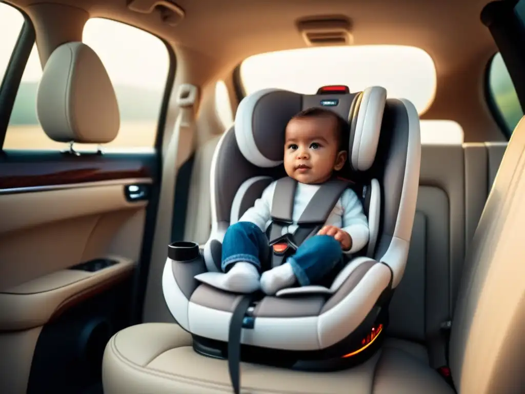 Un asiento de auto infantil moderno y elegante en un automóvil de lujo, reflejando seguridad y sofisticación