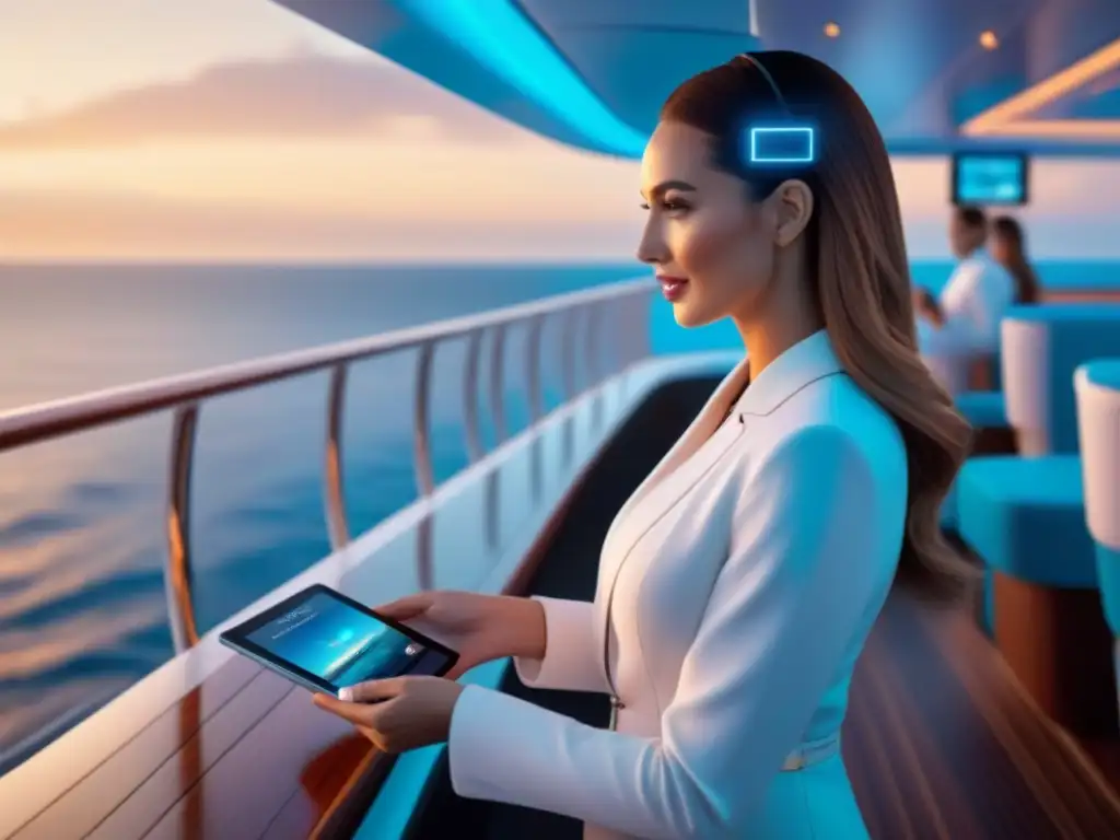 Asistente virtual de crucero de lujo en atardecer, integrando inteligencia artificial en la experiencia de navegación