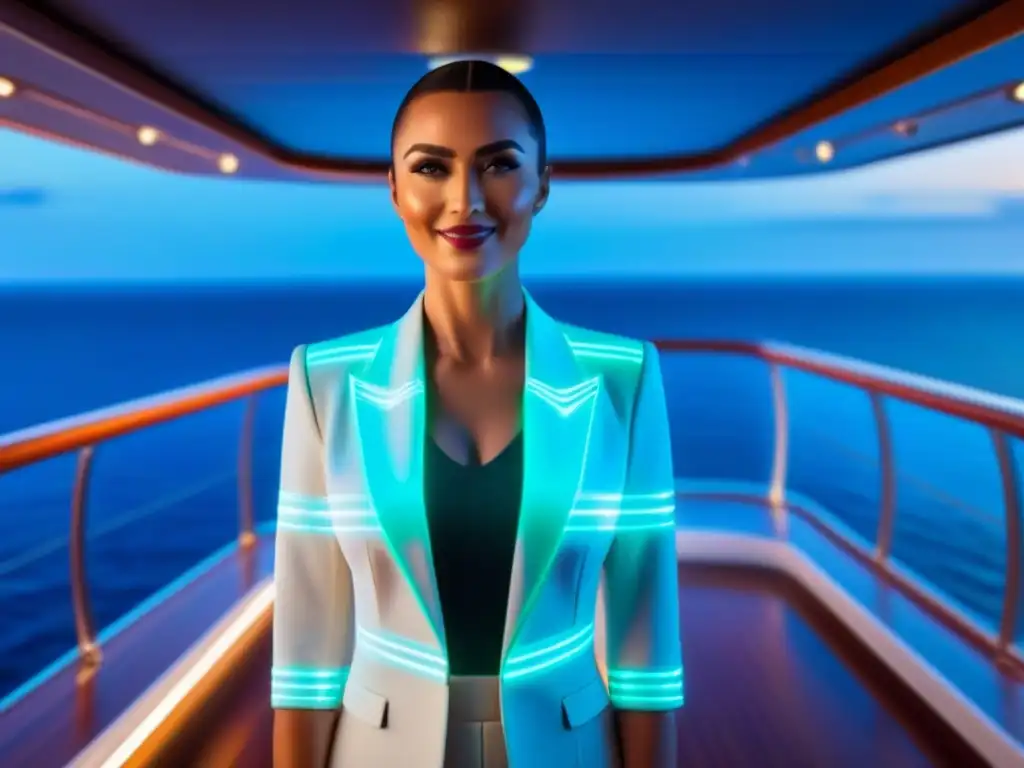 Asistente virtual de inteligencia artificial en crucero, ayudando a pasajeros con una sonrisa en cubierta hightech