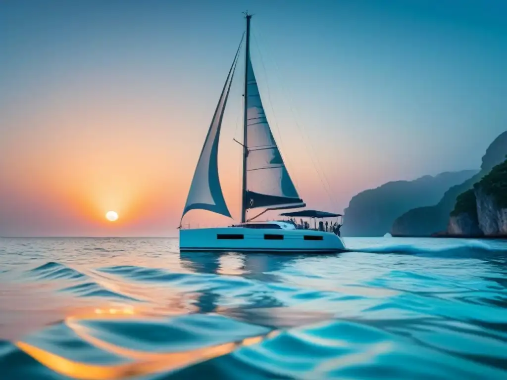 Sailboat navegando al atardecer en aguas turquesas