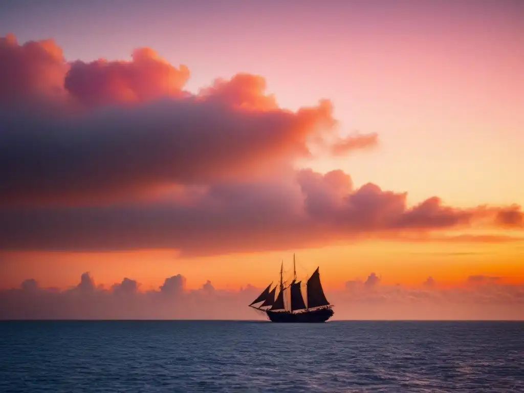 Travesía marítima al atardecer, barco navegando hacia el horizonte en una escena serena y cálida inspirada en la travesía de Marco Polo