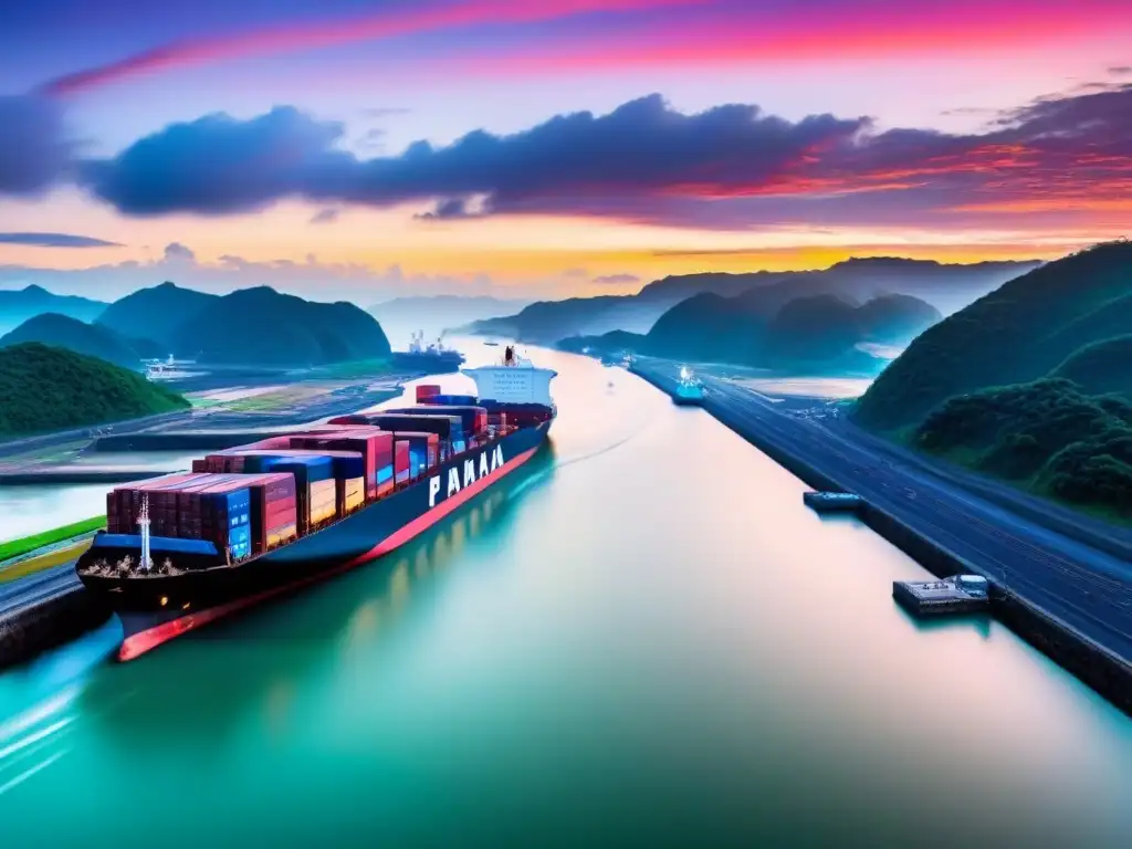 Un atardecer cautivador en el Canal de Panamá, con barcos y montañas al fondo