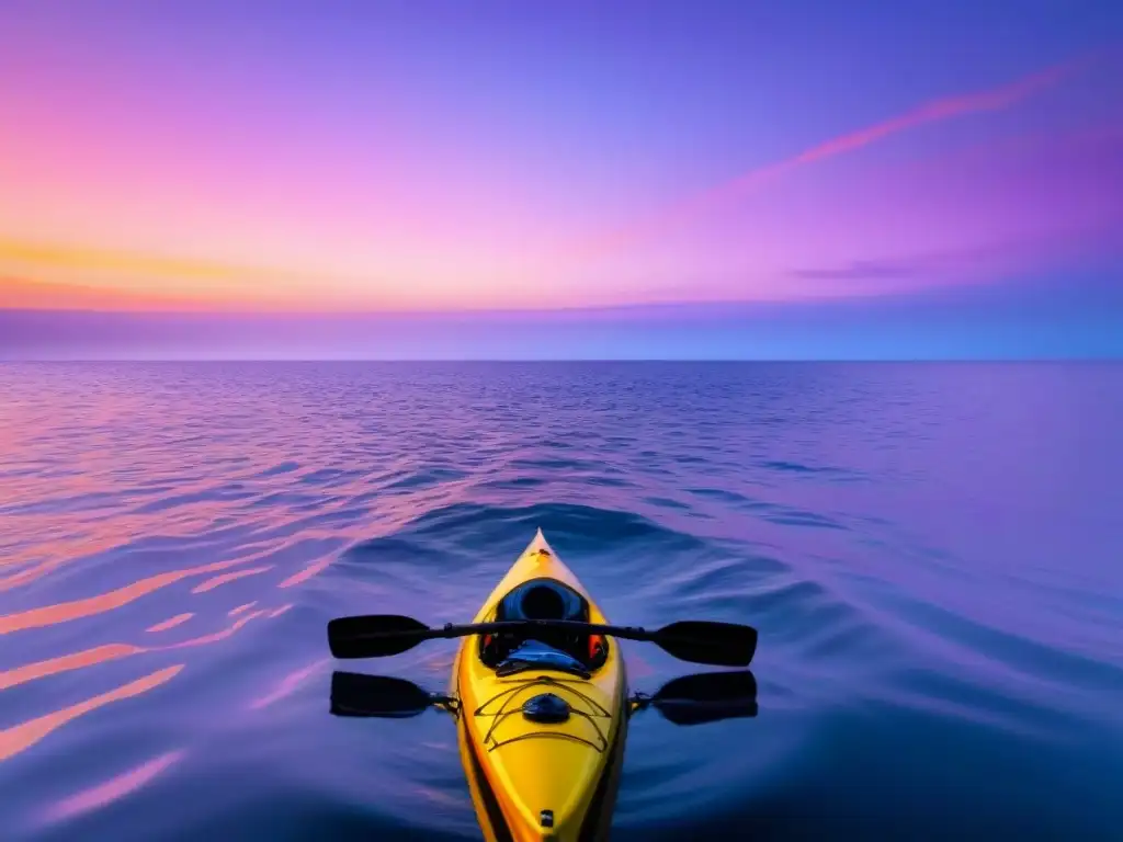 Un atardecer colorido sobre aguas tranquilas, con un kayak flotando en calma, reflejando serenidad y aventura en el mar