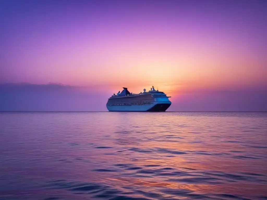 Un atardecer colorido sobre el mar, con un crucero en silueta que refleja paz