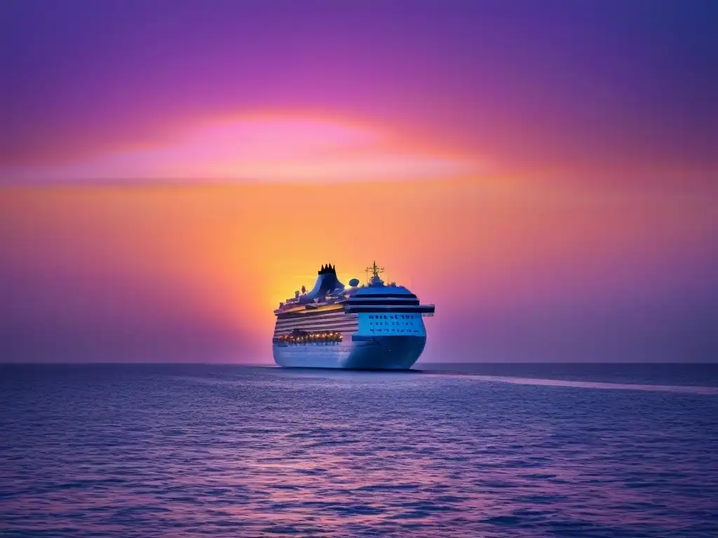 Un atardecer colorido sobre el mar con un crucero al fondo, transmitiendo tranquilidad y aventura