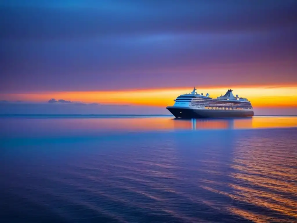 Un atardecer colorido reflejado en aguas tranquilas, con un crucero en la distancia, transmitiendo paz y relajación