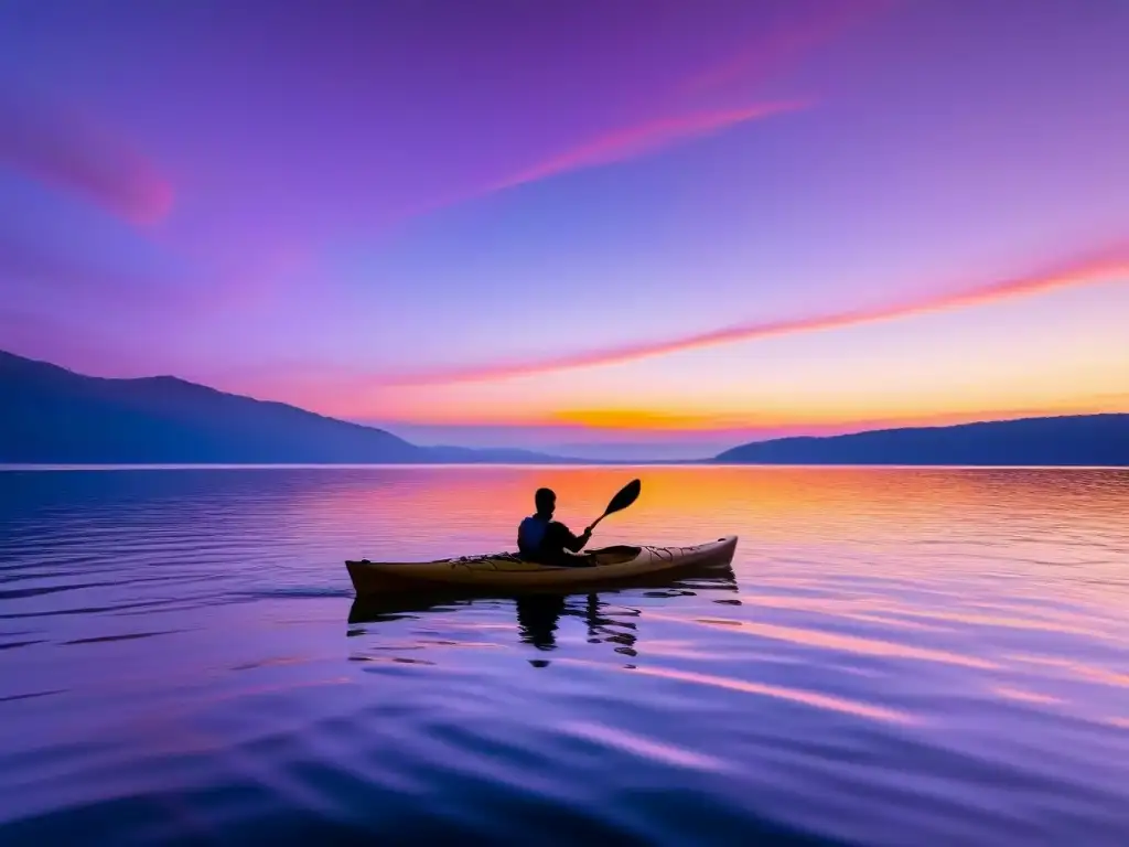 Un atardecer colorido reflejado en aguas tranquilas, con una persona haciendo kayak