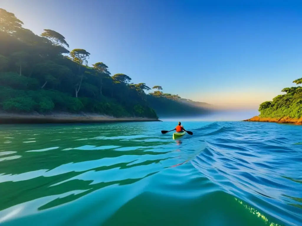 Kayaker disfruta de un atardecer en la costa, rodeado de naturaleza exuberante y aguas cristalinas, con paddleboarder al fondo