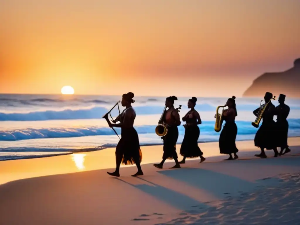 Maravilloso atardecer costero con músicos y bailarines Un atardecer costero con músicos y bailarines en festivales marítimos música danzas tradicionales
