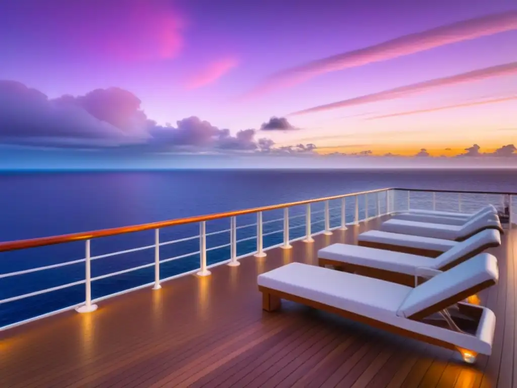 Un atardecer dorado en un crucero de lujo, con el mar sereno reflejando el cielo de colores cálidos