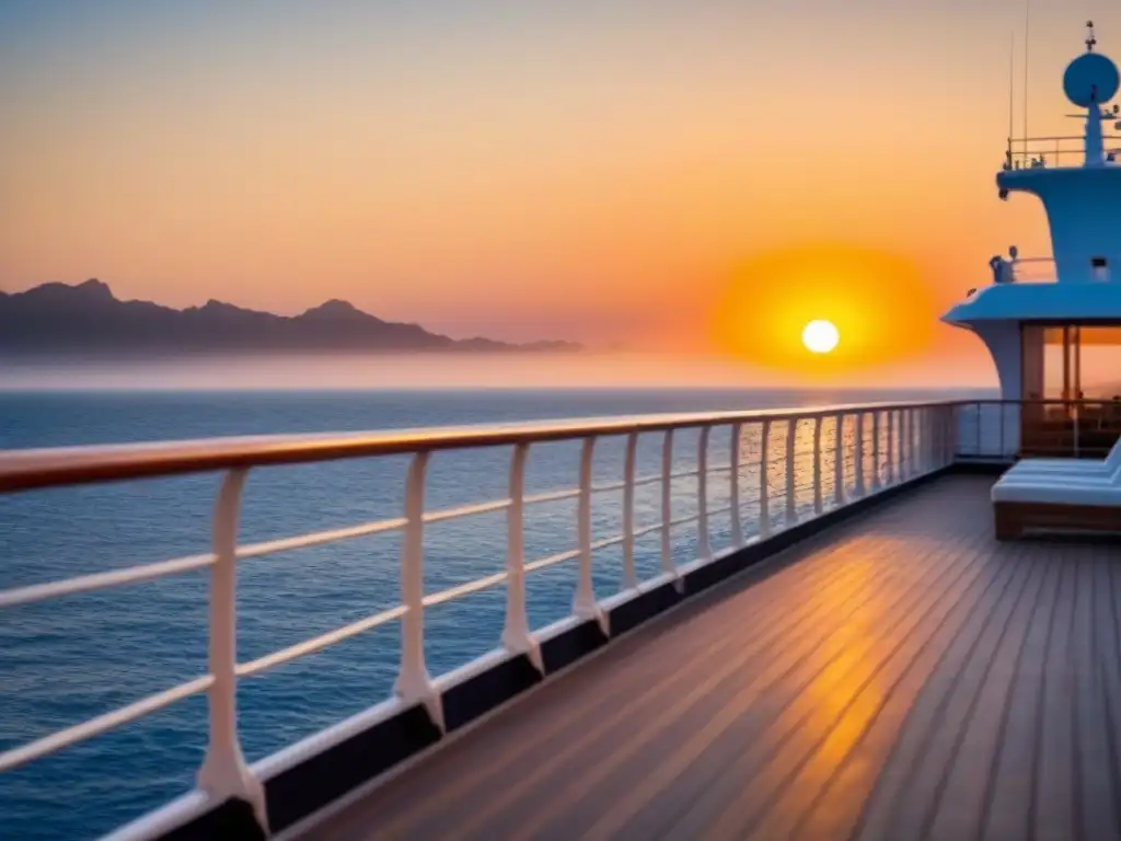 Atardecer dorado en crucero keto, vista al mar desde cubierta con sol naranja, brillo dorado en aguas tranquilas