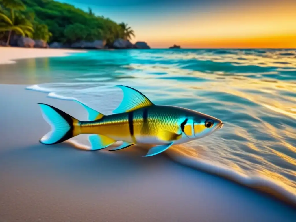 Atardecer dorado en playa virgen, peces tropicales y arrecifes de coral, resalta importancia gestión residuos cruceros ecológicos