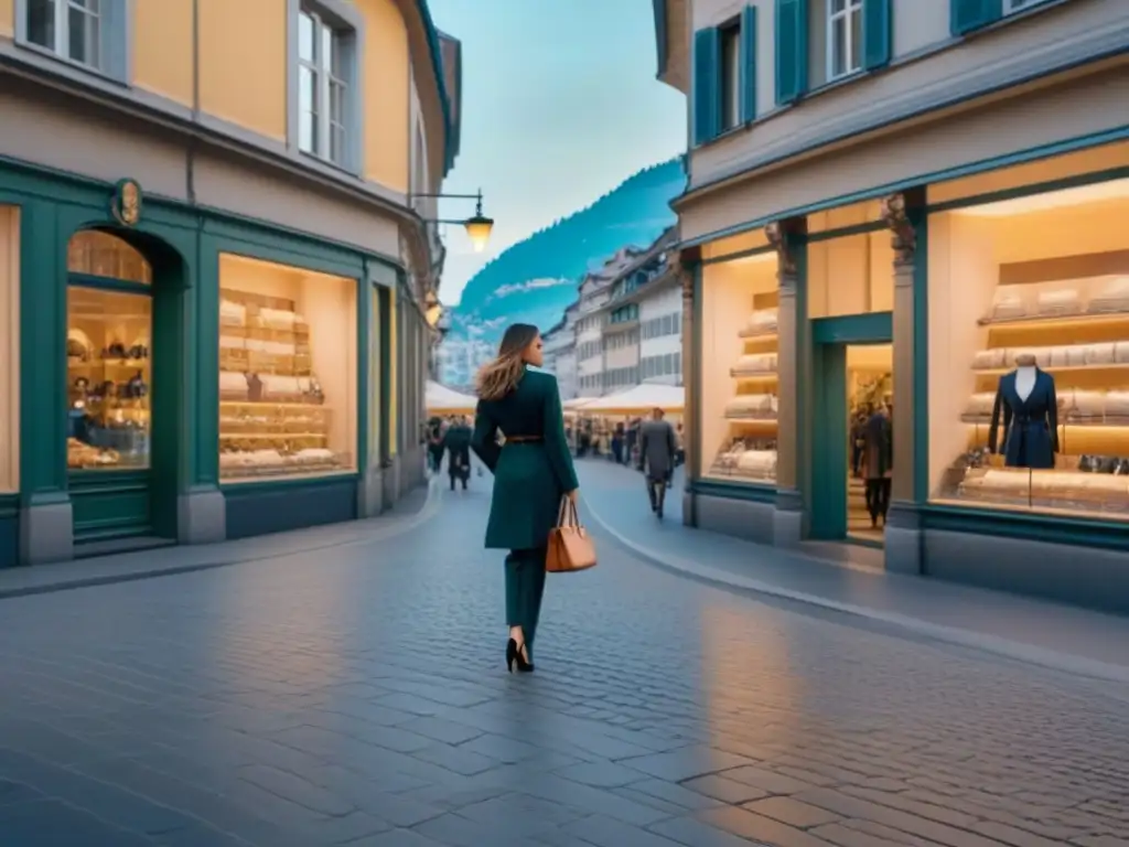 Atardecer dorado en Bahnhofstrasse, Zúrich, con reflejo de los Alpes en tiendas de lujo