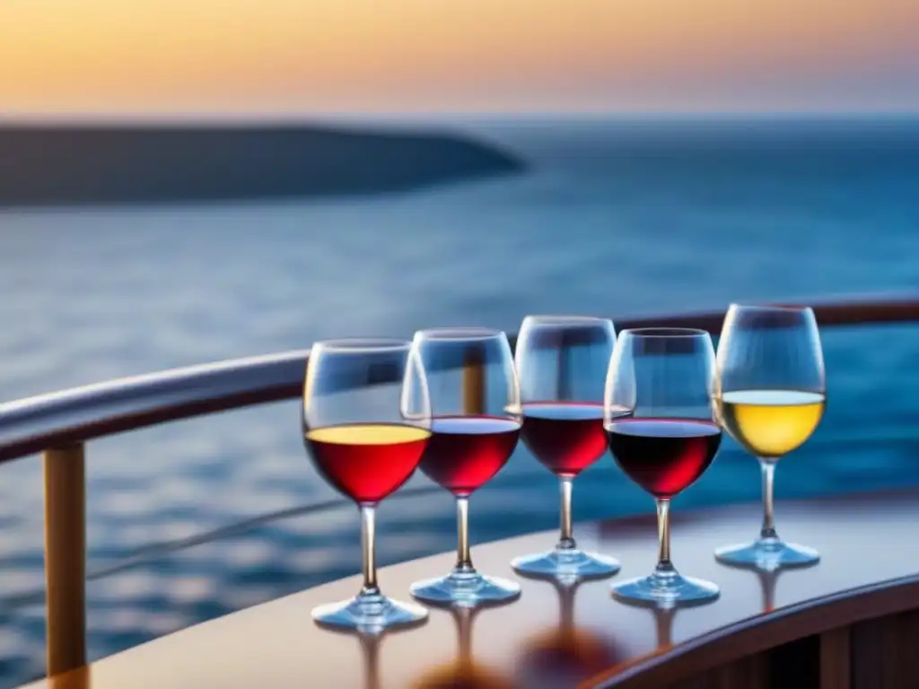 Atardecer elegante en crucero de lujo con copas de vino y eventos cata vinos alta mar