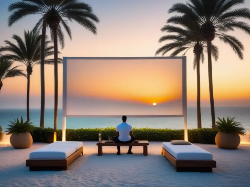 Atardecer en un festival de cine marítimo al aire libre, con pantalla blanca frente al mar y palmeras siluetadas