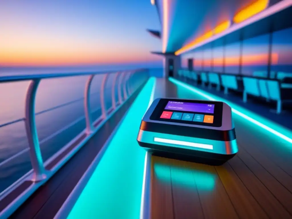 Un atardecer futurista en la cubierta de un crucero, con un terminal de pago sin contacto brillando