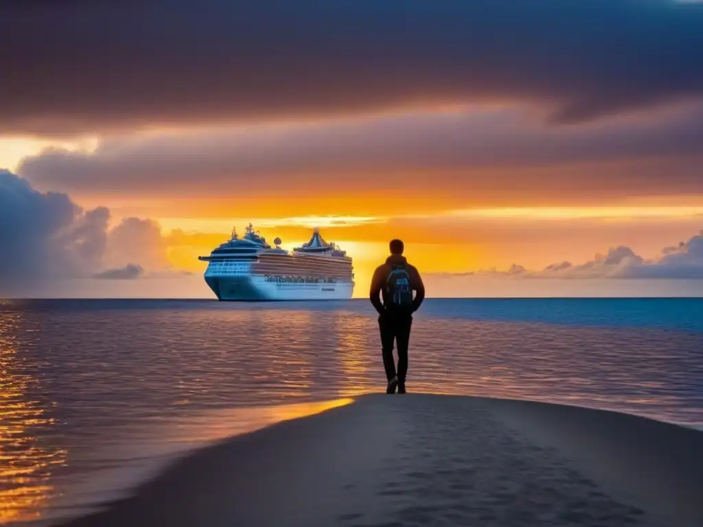 Un atardecer impresionante sobre aguas tranquilas con un crucero al horizonte, ideal para talleres de fotografía en cruceros