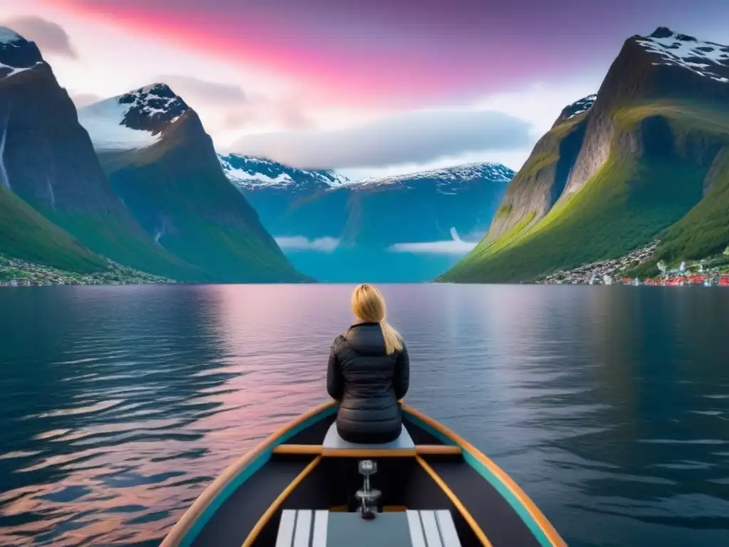 Un atardecer impresionante sobre los fiordos noruegos, reflejando tonos vibrantes en las aguas tranquilas, con montañas nevadas al fondo