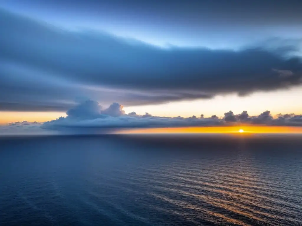 Un atardecer impresionante sobre el mar, con un crucero al fondo, capturando la serenidad de las exhibiciones fotográficas en cruceros