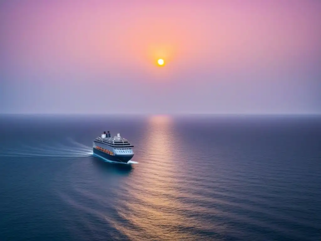 Un atardecer impresionante sobre el tranquilo Mar Cantábrico, iluminando un crucero ecológico con paneles solares bajo los últimos rayos de luz