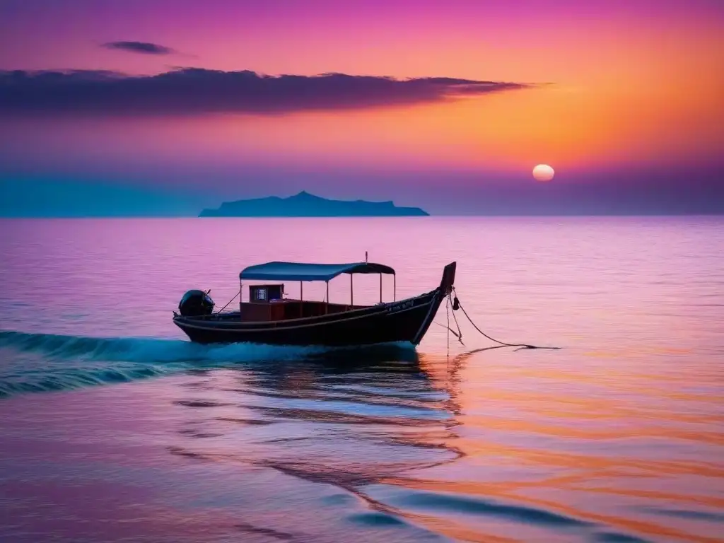 Un atardecer impresionante sobre el tranquilo Mar Mediterráneo, iluminando un barco pesquero griego entre aguas brillantes