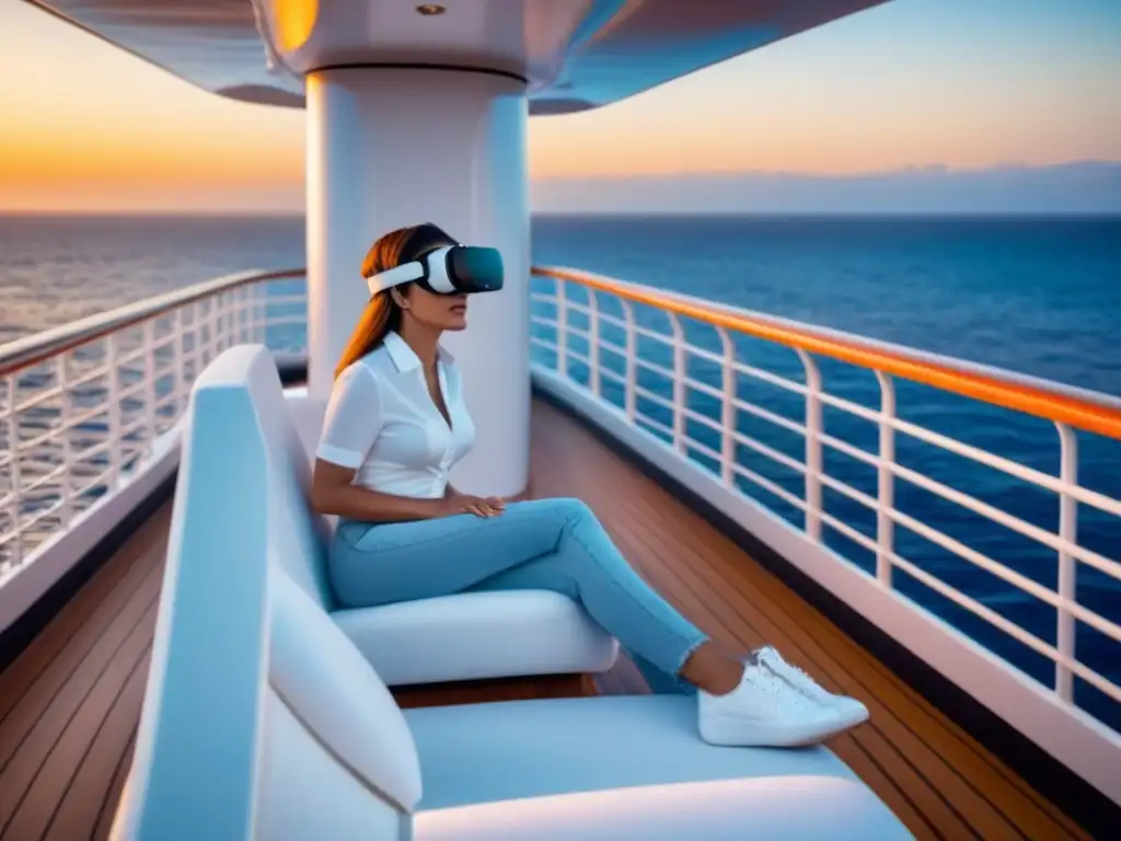 Atardecer de lujo en crucero con VR en lounge chair blanca