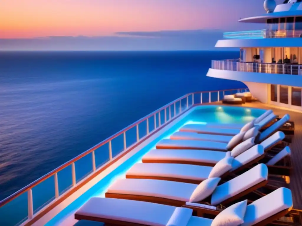 Atardecer de lujo en crucero: piscina infinita, lounge blanco, ambiente exclusivo