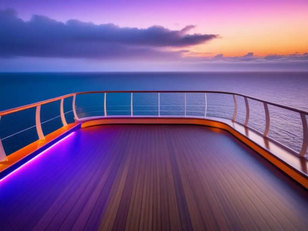 Atardecer de lujo en cubierta de crucero, diseño moderno y minimalista