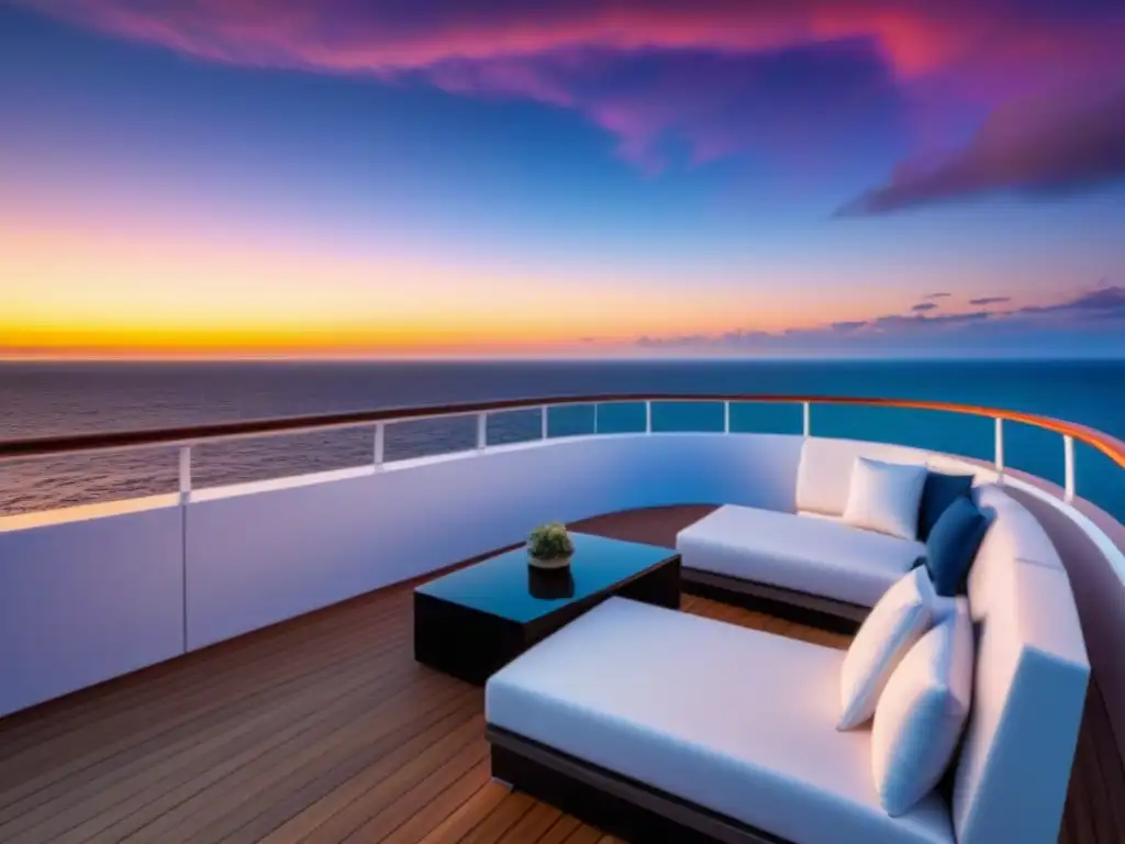 Disfruta del atardecer en el lujoso crucero con mobiliario blanco, iluminación elegante y vista panorámica al océano bajo un cielo colorido