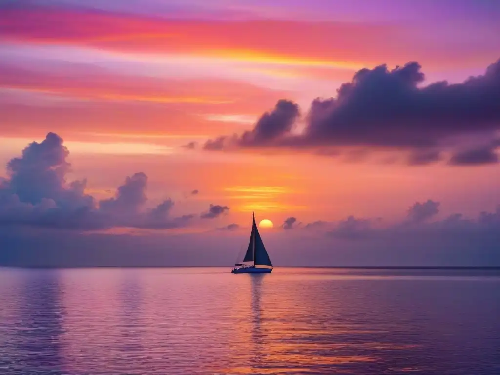 Atardecer en el mar: vibrantes colores reflejados en aguas tranquilas, velero solitario en el horizonte