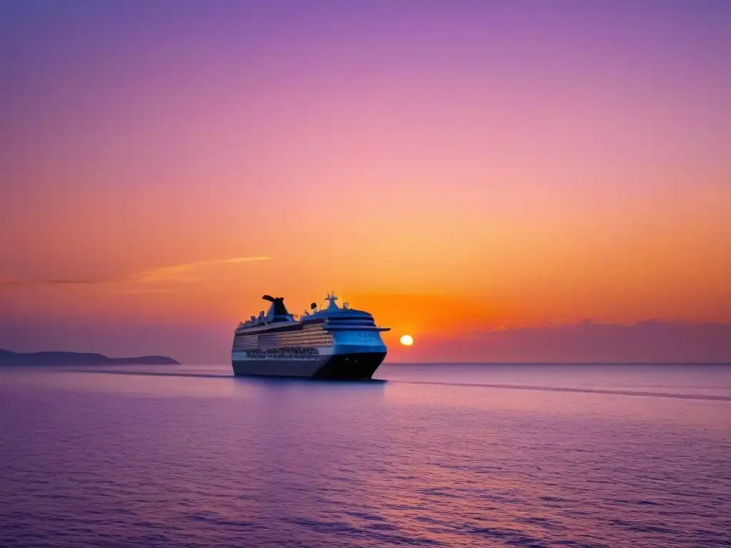 Un atardecer marino espectacular con un crucero al fondo, reflejos dorados en el agua