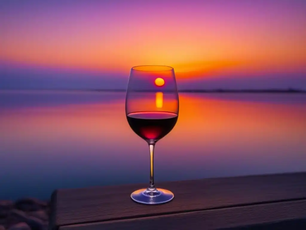 Atardecer marítimo ideal para degustar vinos, con cielo naranja y silueta de copa y botella