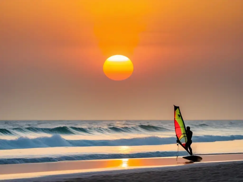 Un atardecer naranja vibrante sobre una playa tranquila, con un windsurfista y cometa en el horizonte