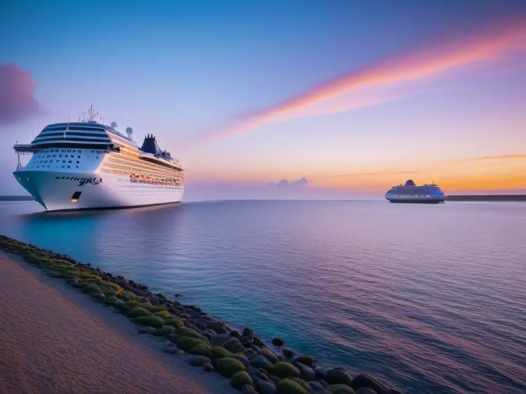 Un atardecer sereno en el agua, con un crucero al fondo